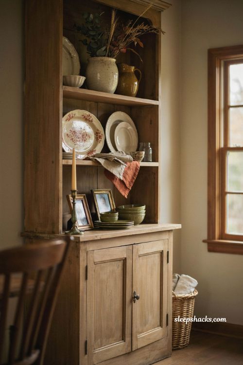 Vintage fall hutch display with stoneware dried flowers warm linens and farmhouse dining room decor
