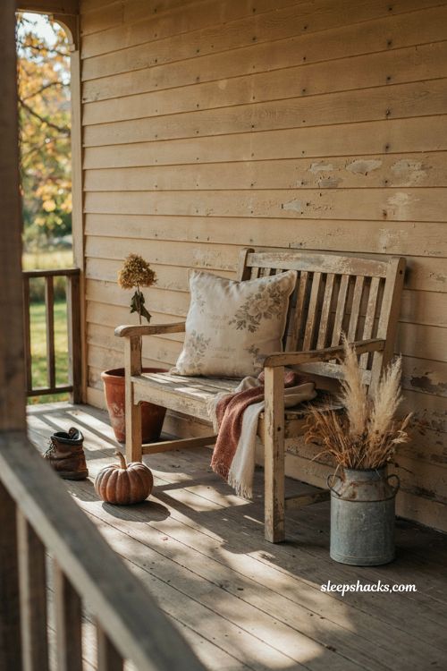 Vintage fall porch decor with feed sack pillow and rustic porch bench