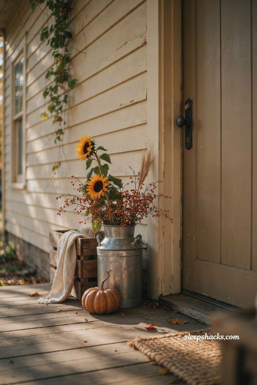 Vintage fall porch decor with galvanized milk can and dried sunflowers