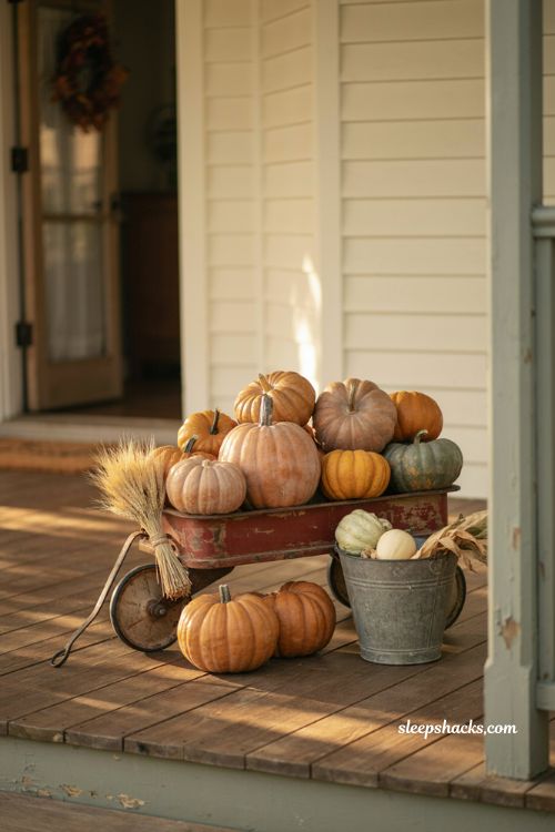 Vintage fall porch decor with old red wagon pumpkin display