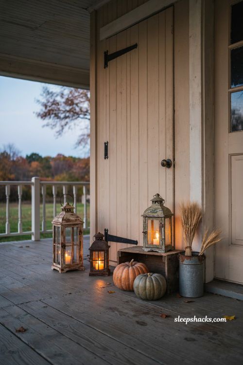 Vintage fall porch decor with weathered lanterns and warm candlelight
