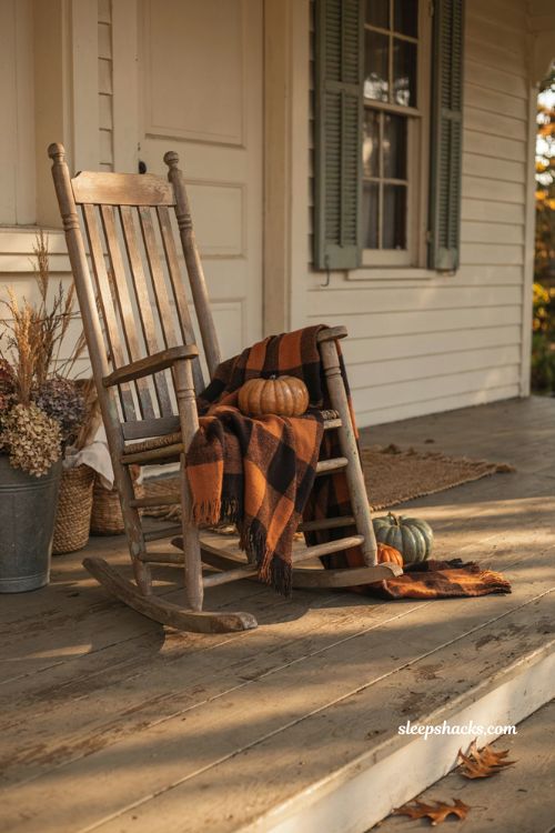 Vintage fall porch decor with weathered rocking chair and plaid throw