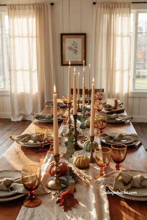 Vintage fall tablescapes with amber glass goblets and brass candlesticks