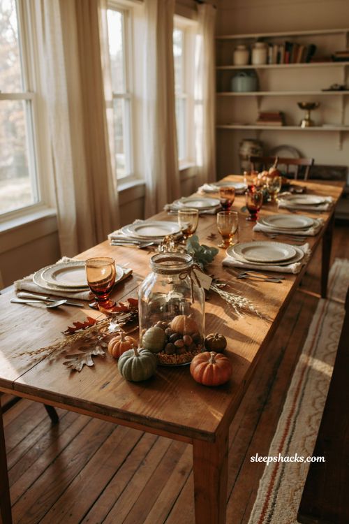 Vintage fall tablescapes with antique apothecary jar and acorns