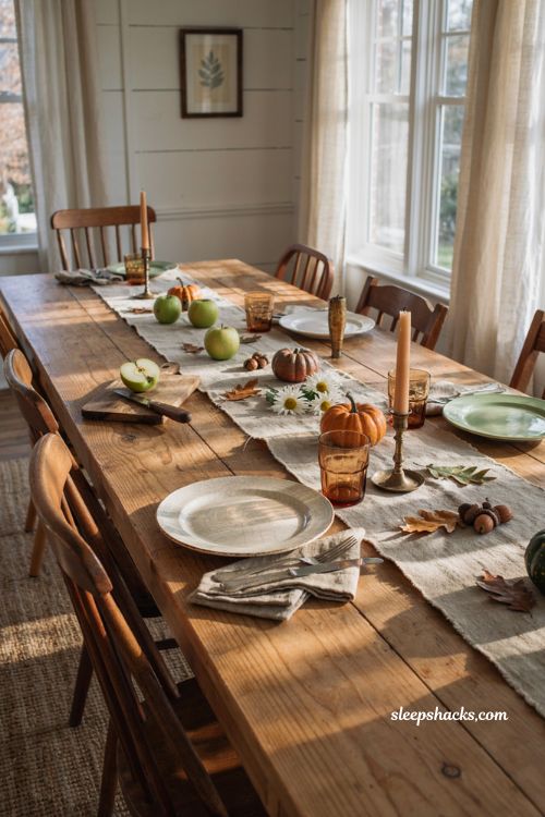 Vintage fall tablescapes with burlap runner and natural elements