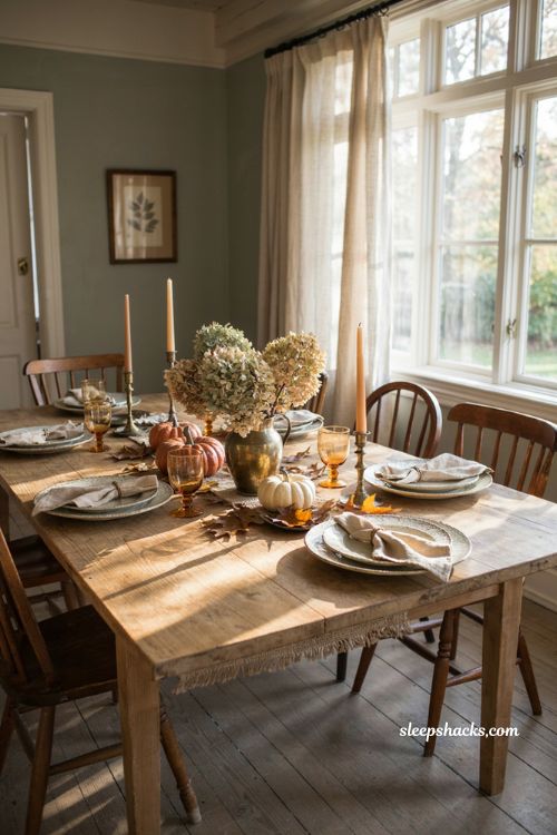 Vintage fall tablescapes with dried hydrangeas in a brass vase