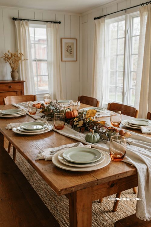 Vintage fall tablescapes with jadeite plates and creamy white dishes