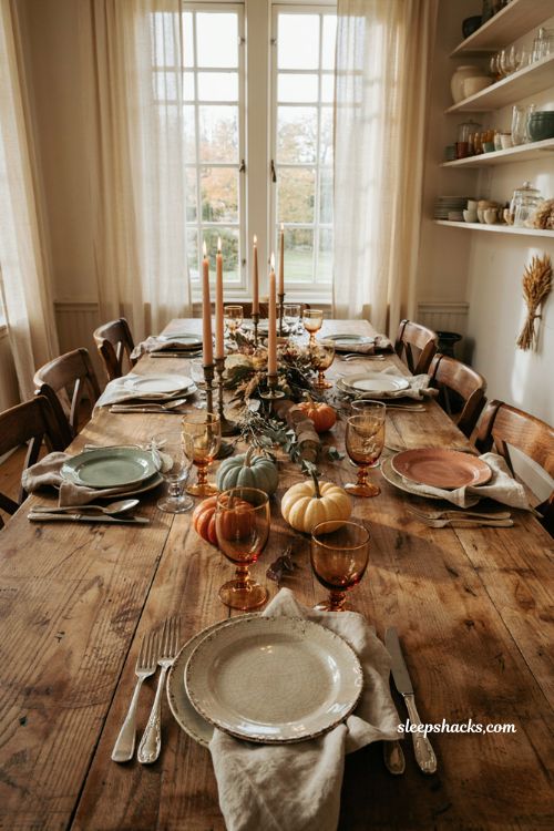 Vintage fall tablescapes with mismatched silver flatware and antique dishes