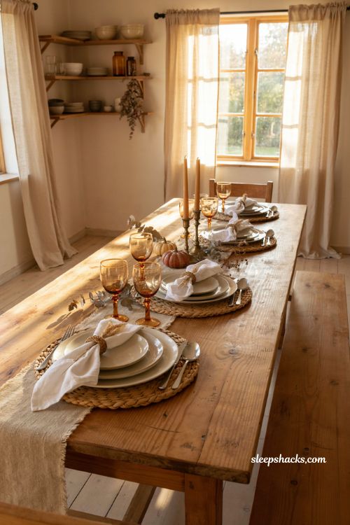 Vintage fall tablescapes with rattan napkin rings and dried florals