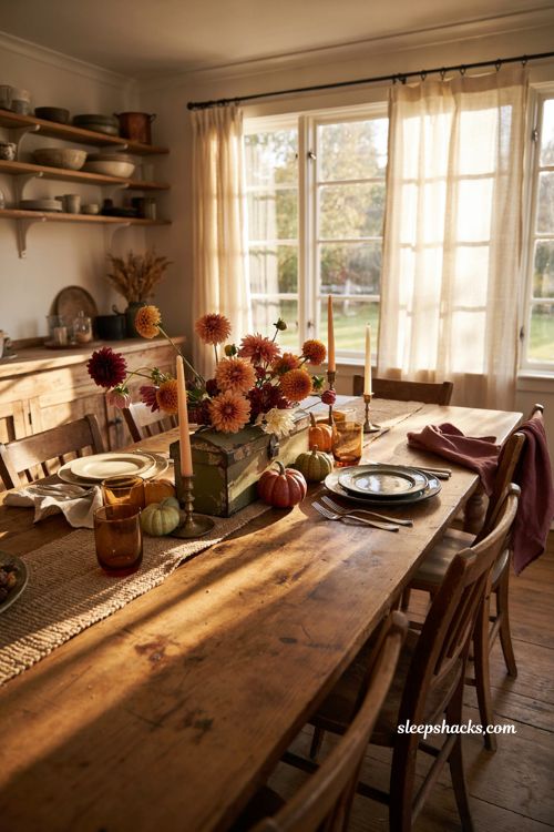 Vintage fall tablescapes with rustic metal toolbox and autumn flowers