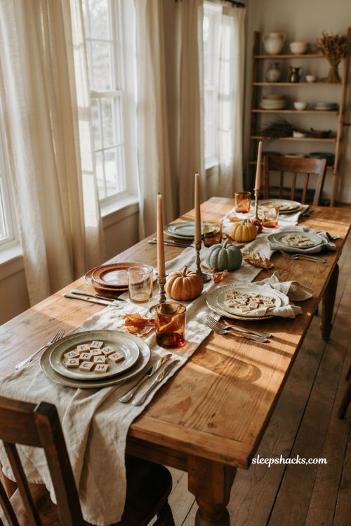 Vintage fall tablescapes with scrabble tile place cards and vintage dishes