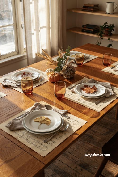 Vintage fall tablescapes with sheet music placemats and white plates
