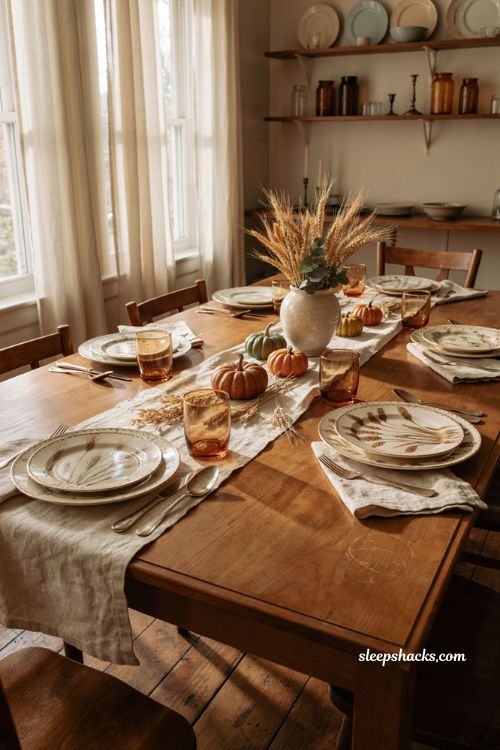 Vintage fall tablescapes with wheat pattern china and gold trim