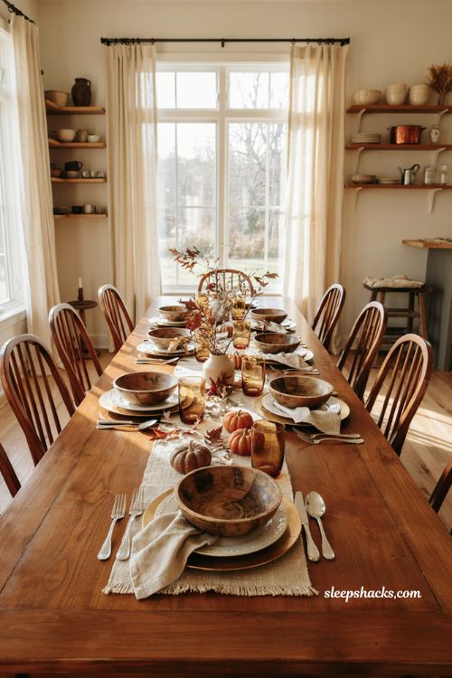 Vintage fall tablescapes with wood salad bowls and gold rimmed plates