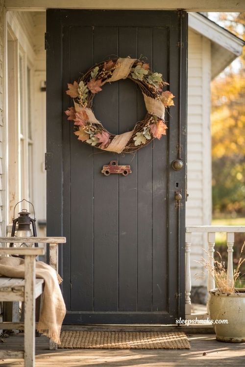 Vintage farmhouse truck wreath with burlap grapevine and fall foliage