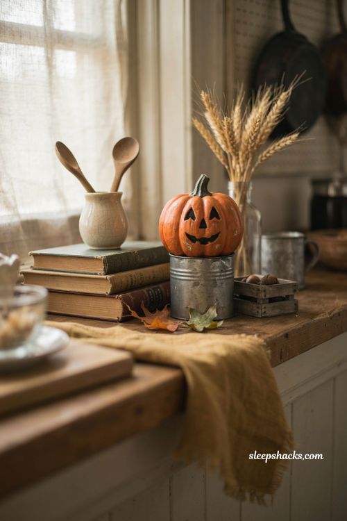 Vintage folk art pumpkin in a tin can with farmhouse Halloween shelf decor