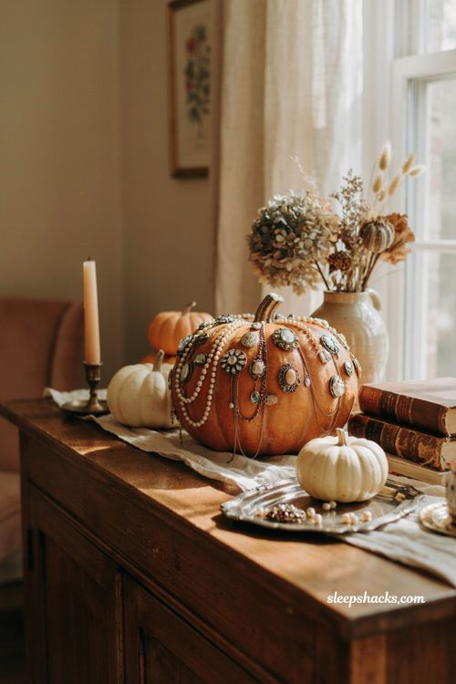 Vintage jeweled pumpkin centerpiece with pearls brooches rhinestones and antique decor