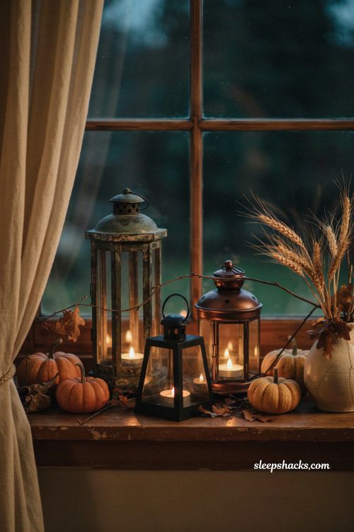 Vintage lantern Halloween windowsill with flickering LED candles pumpkins and dried branches