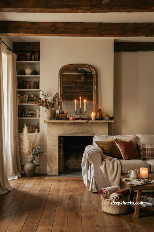 Vintage mirror leaning above fireplace mantel in cozy fall living room