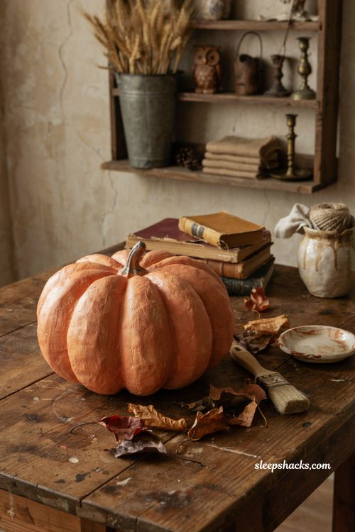 Vintage paper mache pumpkin with weathered aged texture finish