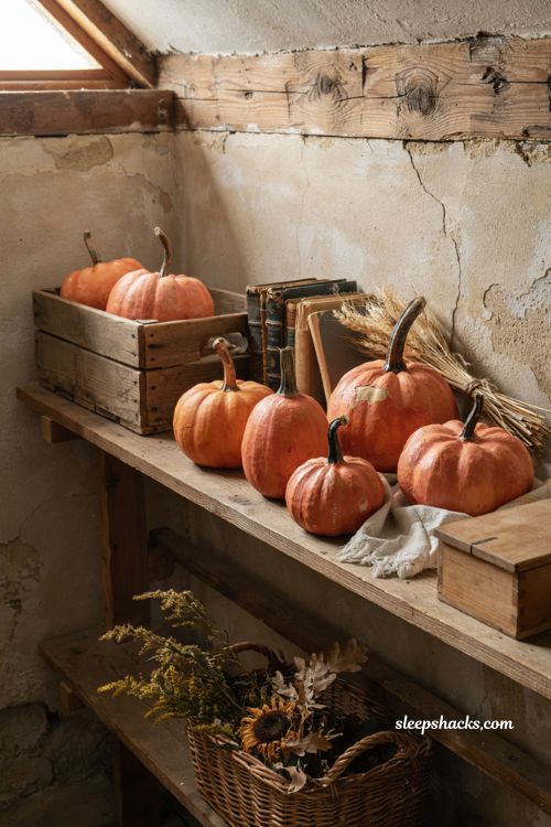Vintage paper mache pumpkins stored for yearly Halloween decor