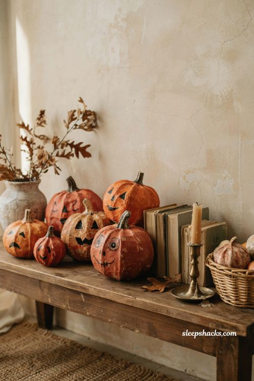 Vintage pumpkin decor with antique paper mache jack o lanterns