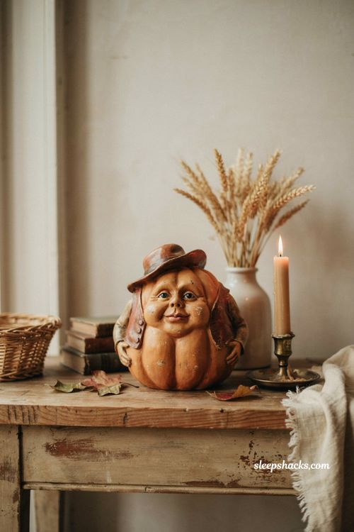 Vintage pumpkin man figurine with worn finish and nostalgic Halloween entryway decor
