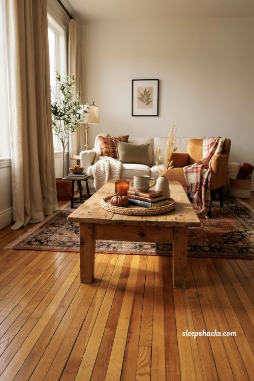 Vintage reclaimed wood coffee table ideas for a cozy fall living room with warm autumn style