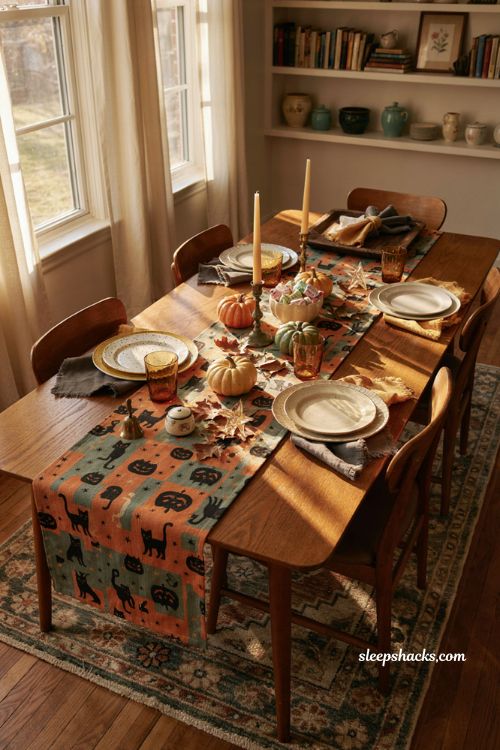 Vintage retro Halloween table runner with black cats and pumpkin decor