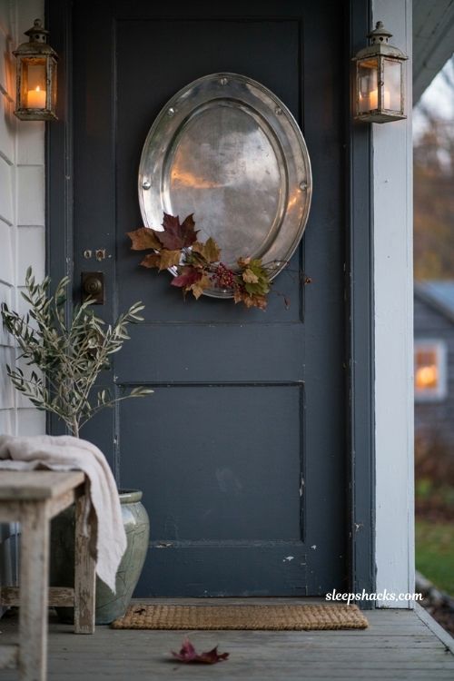 Vintage silver platter wreath with dried leaves and berries for fall porch decor