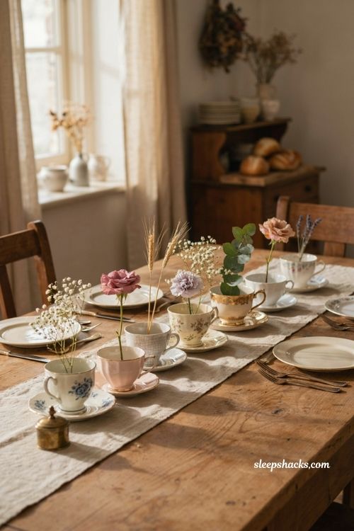 Vintage teacup bud vases with spray roses and babys breath for fall table decor