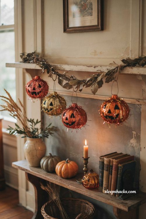 Vintage tinsel jack o lantern ornaments with nostalgic Halloween mantel decor