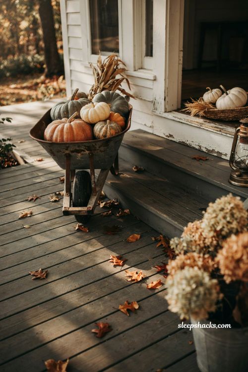 Vintage wheelbarrow fall porch decor with heirloom pumpkins and dried corn stalks 