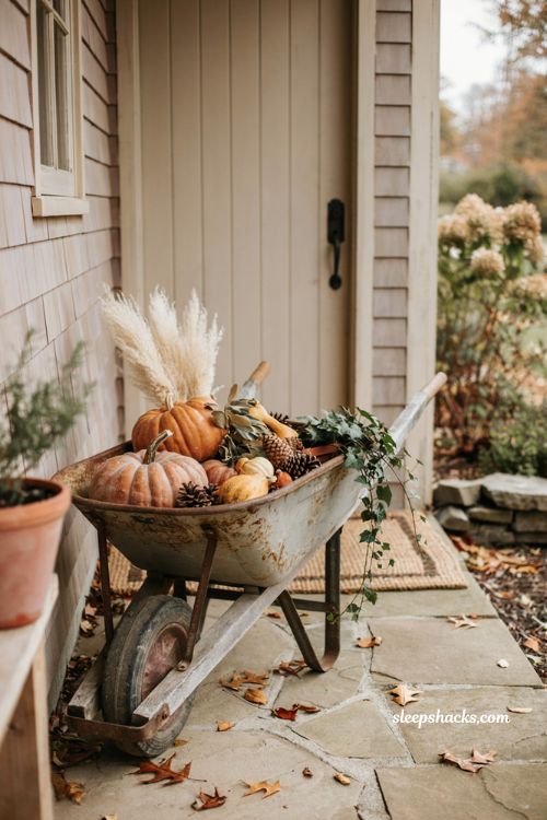 Vintage wheelbarrow planter with pumpkins pinecones and fall greenery 