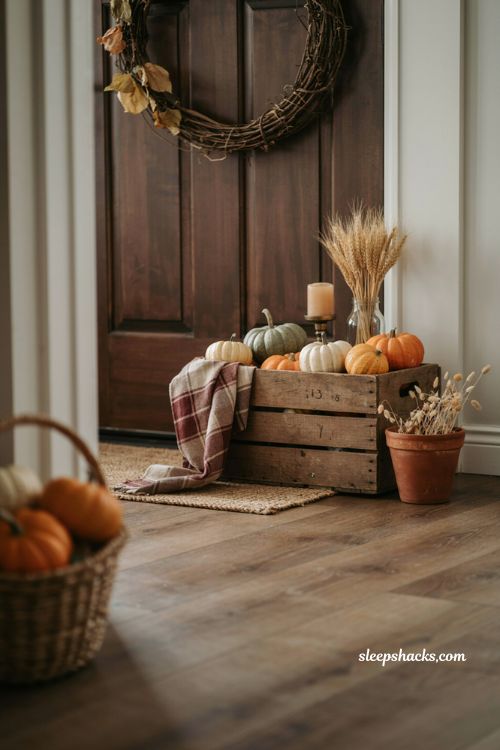 Vintage wood crate fall entryway display with mini pumpkins wheat jar and plaid throw