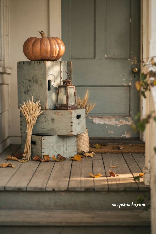  Vintage wooden crate fall porch decor with pumpkins lanterns and dried wheat 