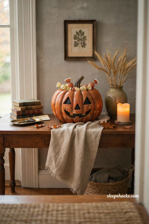 Vintage wooden pumpkin basket decor with carved jack o lantern face and entryway styling