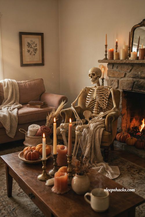 Warm Halloween living room decor with amber candles, rust velvet pumpkins, skeleton, and cozy textures 