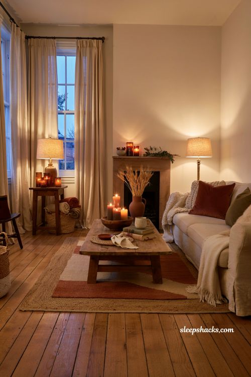 Warm candlelight ideas for a cozy fall living room with soft evening glow