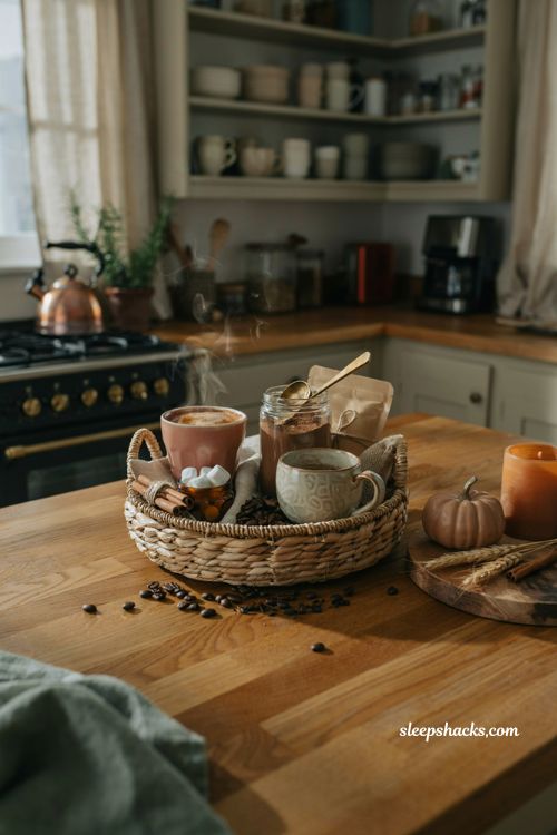 Warm drinks boo basket ideas with coffee tea hot chocolate mug marshmallows and cinnamon