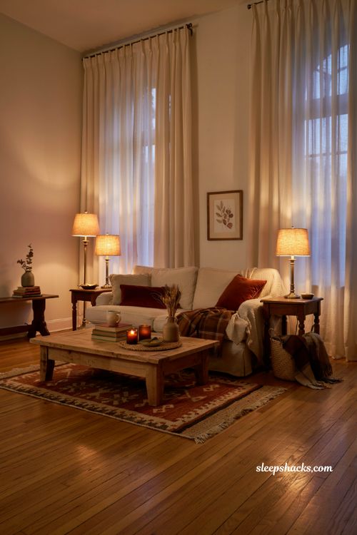 Warm lampshade ideas for a cozy fall living room with soft autumn lighting
