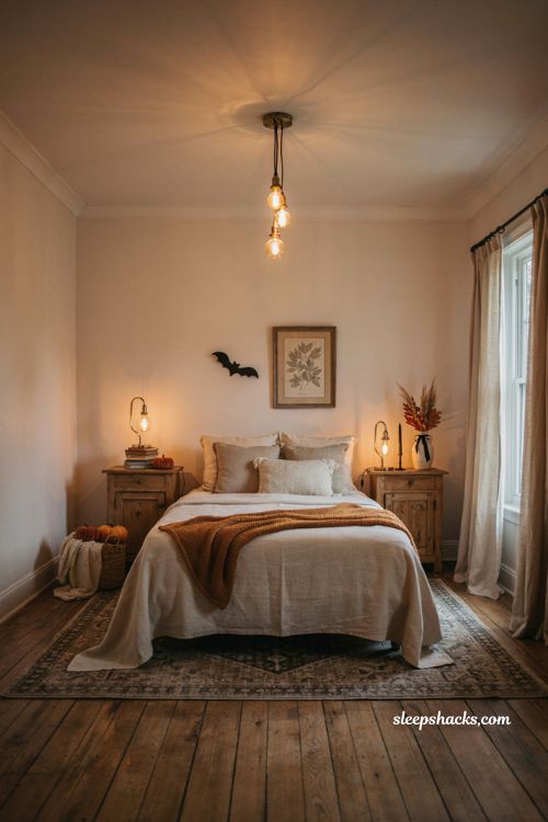 Warm lighting Halloween bedroom with Edison bulbs and cozy autumn decor