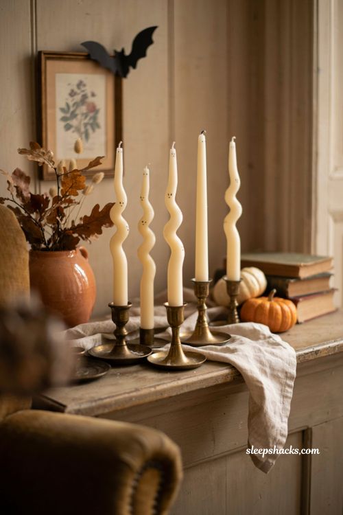 Wavy ghost candles for a cozy handmade Halloween mantel