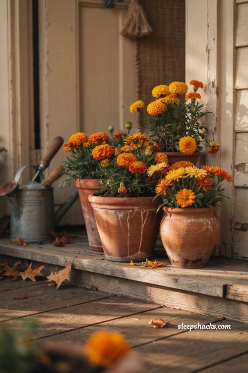 Weathered terracotta pots with marigolds and calendula for vintage fall porch decor
