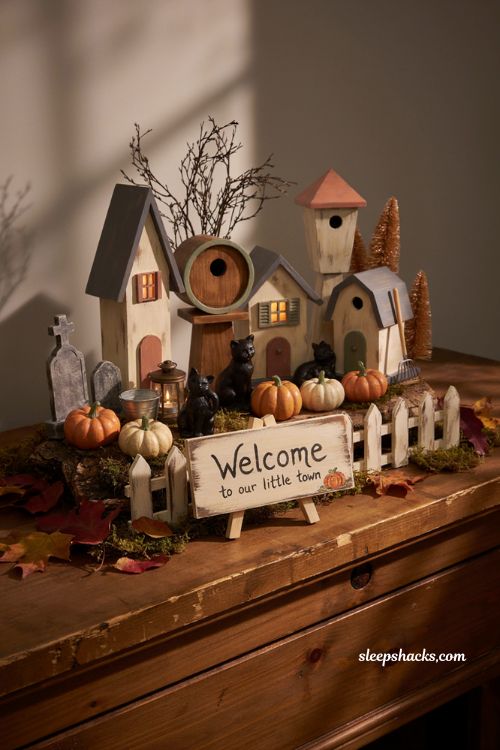 Welcome sign Halloween village centerpiece with handmade wood birdhouses 