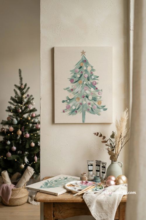 Whimsical Christmas tree painting on canvas with pink teal and lavender colors