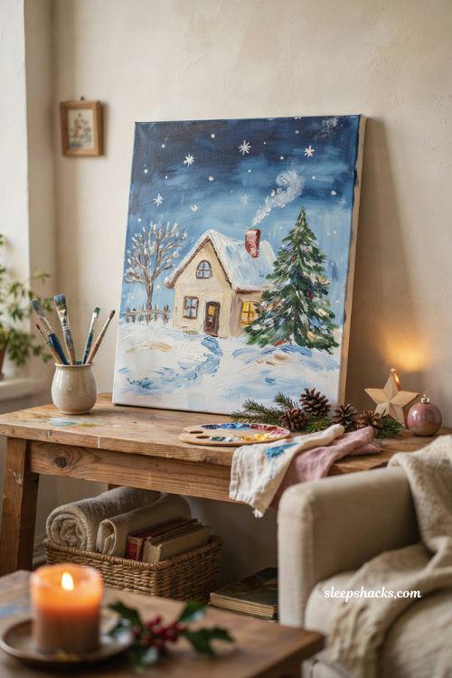 Whimsical Christmas winter scene painting on canvas for beginners