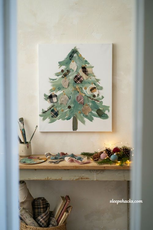 Whimsical mixed media Christmas tree painting with fabric paper and ribbon ornaments