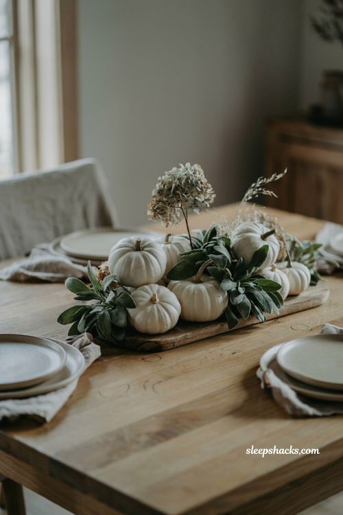 White pumpkin centerpiece with dried lambs ear and hydrangea for a soft fall table 