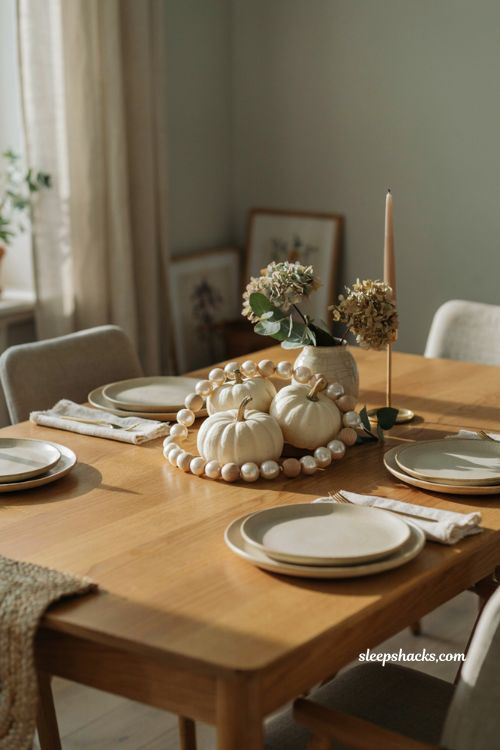 White pumpkin centerpiece with pearl and wood bead garland for an elegant fall table 